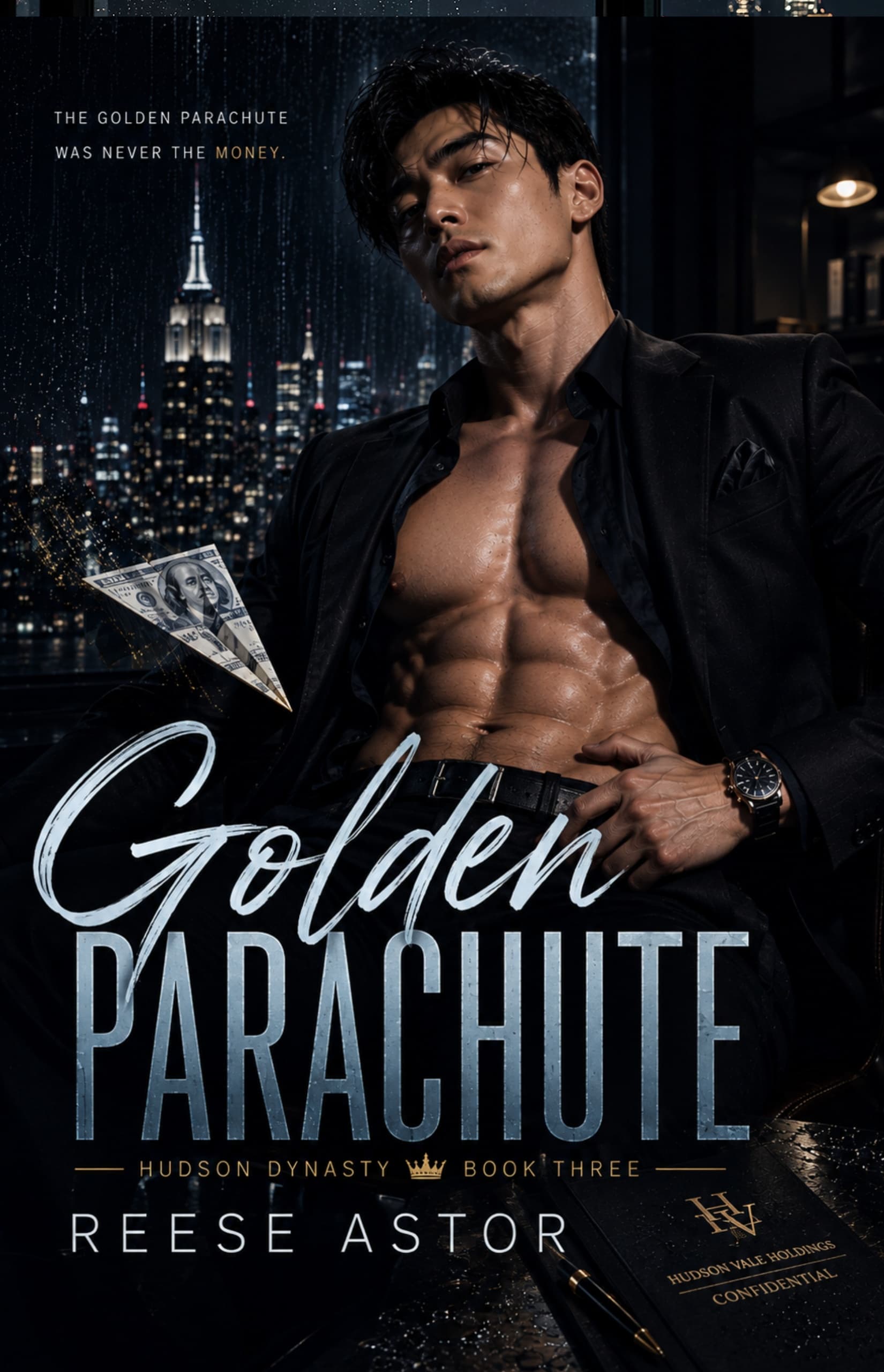 Golden Parachute book cover — a man in an open black suit before a rain-streaked Manhattan window, title in antique gold