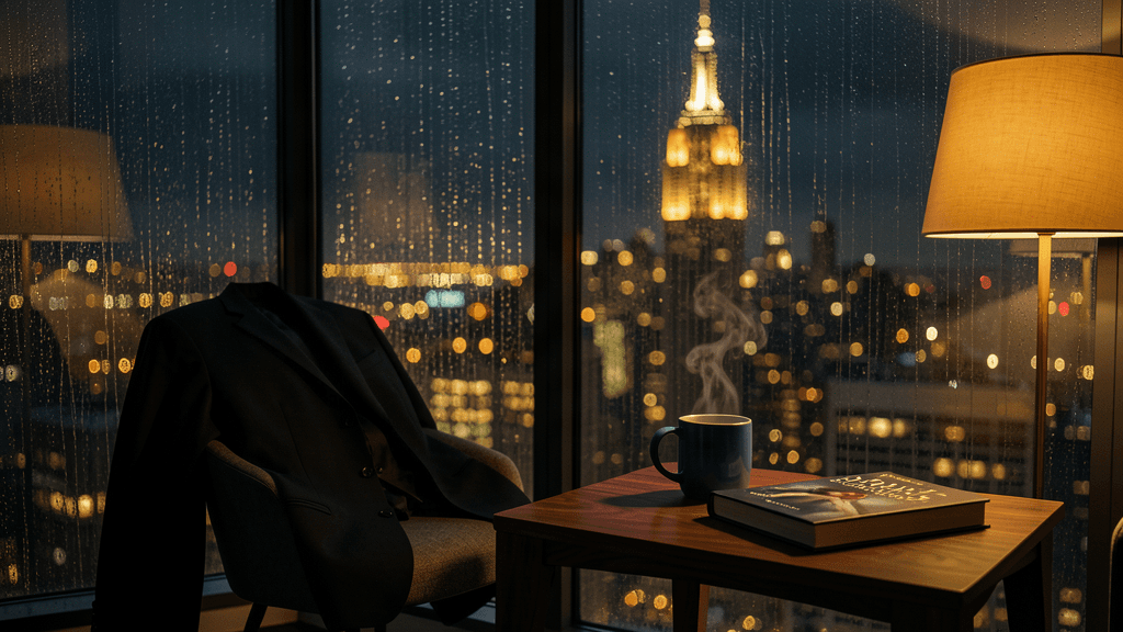 Rain-darkened Manhattan at night seen from a warm apartment — a discarded black suit jacket and a blue ceramic mug in golden lamplight